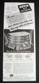 1946 Vintage Arvin Big Flo Car Heater Noblitt Sparks Ad