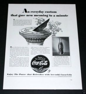 1941 OLD MAGAZINE PRINT AD, COCA COLA, SUN DIAL CLOCK ART, COKE BOTTLE 