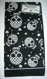 Skulls Bandana with Hearts On Black ~22x22~100% Cotton~New with white 