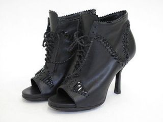 Balenciaga Black Stitched Leather Lace Up Peep Toe Booties 38