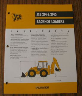 JCB 214 214S Backhoe Loader Tractor Spec Sheet Brochure Literature
