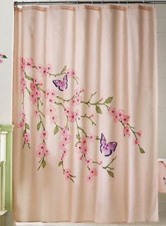 Cherry Blossom Pink Butterfly Insect Fabric Shower Curtain Brand Ship 
