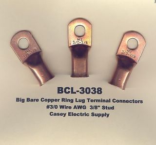 Big Bare Battery COPPER Ring Lug Terminal Connector #3/0 Wire 3/8 