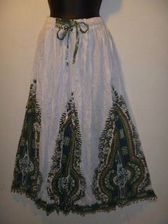 Hippy Rasta African Dashiki Print White & Green Broomstick Skirt Fits 