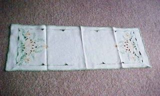 1930s Hand Embroidered Water Lily Cut Dresser Scarf Doilie 34X12 