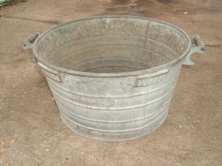 vtg rochester galvanized laundry wash tub wood handles & hooks hard to 