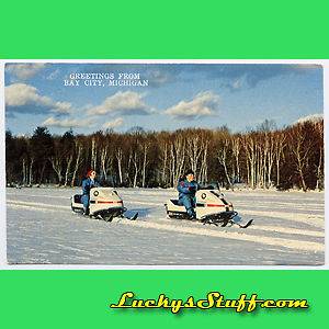 GREETINGS FROM BAY CITY MI Snowmobiles EVINRUDE 25 & 55 Sleds MICHIGAN 