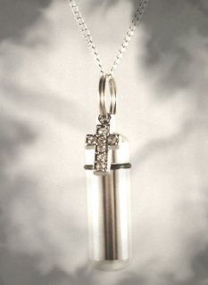 Beautiful Silver/Bejeweled CROSS 24 CREMATION URN NECKLACE w/Pouch 