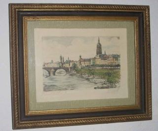 Vintage Framed Signed German Colored Etching Cityscape