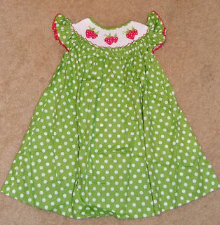 Smocked girl bishop dress strawberry 2T green white polka dot flutter 