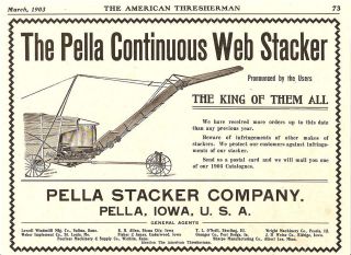 1903 PELLA THRESHING MACHINE CONTINUOUS WEB STACKER AD PELLA IOWA IA