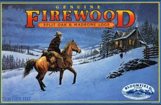   FARMS FIREWOOD~ORIGINAL BOX/CRATE LABEL~WINTER LOG CABIN&MAN ON HORSE
