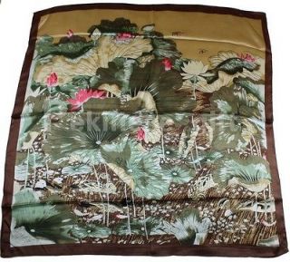   Green Square 35 100% Silk Scarf Kerchief Printing Lotus Yuanyang Bird