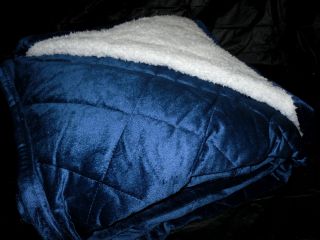 Soft Borrego Blanket Navy Blue Queen Fur Double Ply Thick Quilted 
