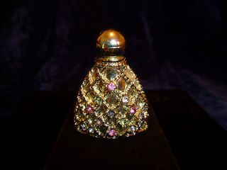 Vntg Mini Perfume Bottle Gold Tone Filigree Rhinestone Jeweled 