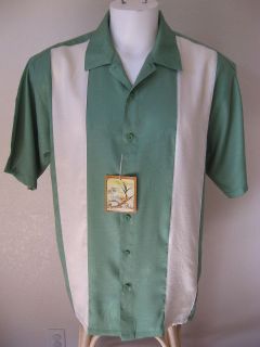   Retro Pastel Green L Palm Tree Weave Relax Bowling Shirt $60