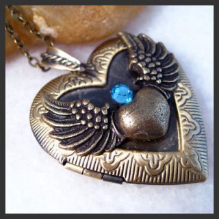 Blue Sapphire Angel Wing Heart Brass Picture Locket Pendant Necklace