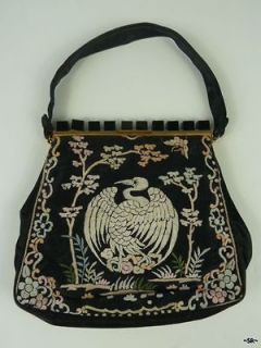 Vintage FRENCH BAG SHOP Hand Embroidered Black Silk Satin Handbag 