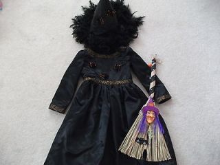   BLACK SATIN WITCH SPIDER HALLOWEEN PARTY COSTUME DRESS HAT BROOM 6 7