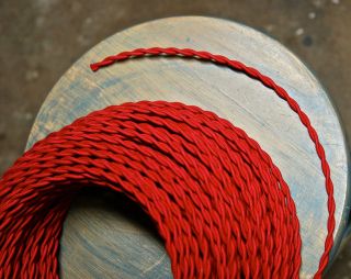 Red Twisted Cloth Covered Wire, Vintage Fabric Lamp Cord, Antique 
