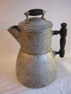   DOUBLE TIER ALUMINUM CAMP FIRE STYLE COFFEE POT WEAR EVER WOOD HANDLES