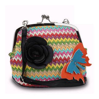 Fashion crossbody bag w/ multi colored woven straw top flap & flower 