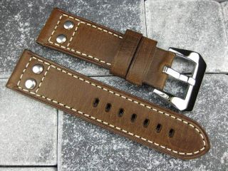 New 24mm Aviation PILOT Style Button Leather Strap Band Brown Fit 