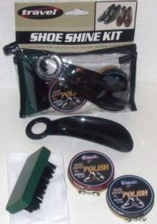 Travel Bag Shoe Shine Kit Polish Brown Black Brush Horn