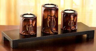 Wood ELEPHANT TRIO TEALIGHT CANDLE HOLDER SET Table Centerpiece Home 