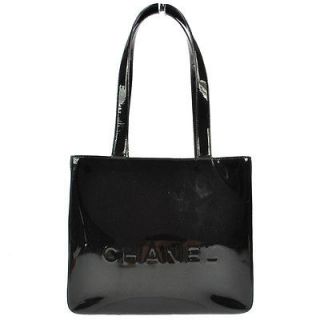Authentic CHANEL Logos Black Enamel Shoulder Tote Bag CC Made In 