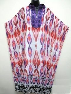 Sheer White w. Multi colored Print Kaftan Caftan Maxi Dress w. Slip 