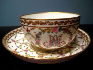   18th Cent.Gold Jeweled Sevres Marie Antoinette Cup Saucer MA monogram