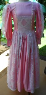 XS Petite 18th 19th Century Long Pink Costume Dress w/ White Lace 