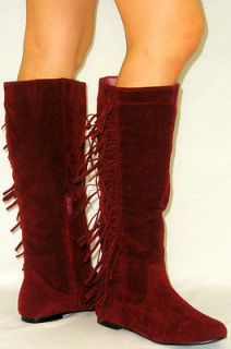 Cherokee Indian Suede Flat Moccasin Fringe Tassel Tall Knee High Boots 