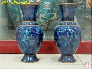 PAIR equisite Bronze Cloisonne Blue dragon flower vase Sculpture 