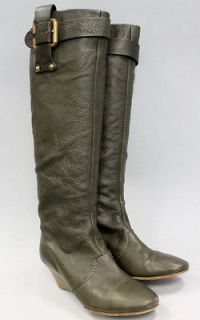 AUTH CHLOE Olive Green Pebbled Leather Top Buckle Med Wedge Knee High 