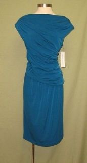 MAGGY LONDON Deep Teal Cap Sleeved Ruched Draped Stretch Dress 6 NWT