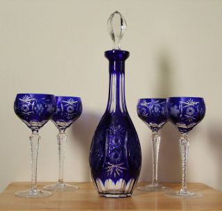 Nachtmann Traube Cobalt Blue Cut to Clear Crystal Decanter with 4 Tall 