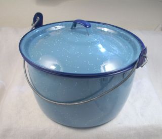Turquoise Enameled Graniteware   Cobalt Blue Trim   8 Pot/Bucket, Lid 