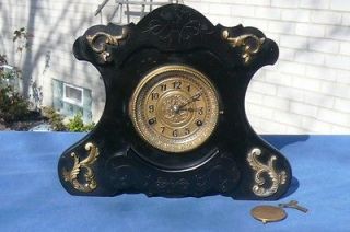   Black Enamel Music Box Antique Shelf Mantle Clock Raised Trim Ormolu