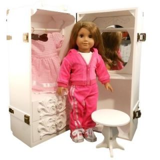 NEW 18 DOLL CLOTHES STORAGE TRUNK +VANITY,STOOL, HANGERS FOR AMERICAN 