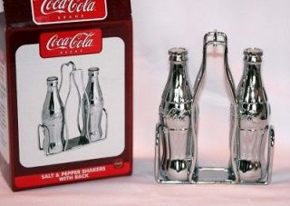 Coca Cola Bottles Chrome Salt Pepper Shakers & Rack NIB