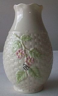 Belleek Ireland Basket Weave Vase w/Pink Flowers