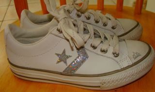 Girls White Leather All Star Converse with Silver Sparkles, size 1 