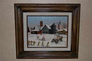 Framed H Hargrove Painting Serigraph Canvas SLED ON THE FARM Christmas 