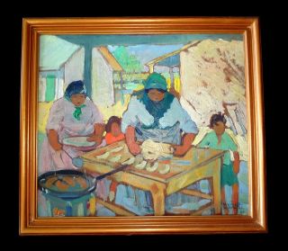 1930s MEXICAN/SPANISH OIL PAINTING WOMAN COOKING by MUNOZ MANUEL 