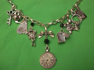 Necklace Silver Chain, Clock and charms black crystals ALICE IN 