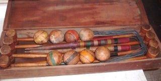 Antique 8 Player Croquet Set in Dovetail Box Well Made
