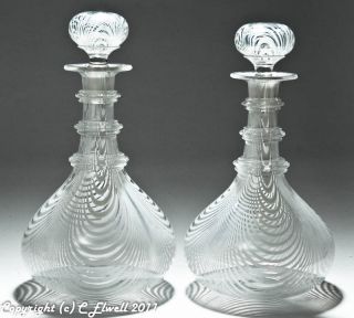 Pair Rare Victorian Nailsea White Loop Glass Decanters