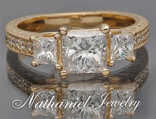 14 Carat 3 Stone Princess Cut Certified Engagement Diamond 14k Gold 